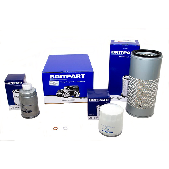 Britpart Engine Service Filter Kit for Defender 300Tdi 1995-1998, image of air, oil, and fuel filters along with packaging boxes.