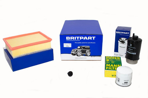 Britpart Engine Service Filter Kit for Defender 2.2 TDCi Puma 2012-2016, including air filter, fuel filter, oil filter, and related maintenance parts for Land Rover Defender