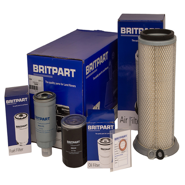 Britpart Engine Service Filter Kit for Discovery 1 200Tdi 1992-1994, includes oil filters, air filter, and gasket set, displayed with branded packaging and components for Land Rover maintenance.