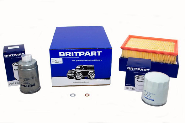 Britpart Engine Service Filter Kit for Discovery 1 300TDi, full set of filters including oil filter, fuel filter, and service kit with packaging and boxes.
