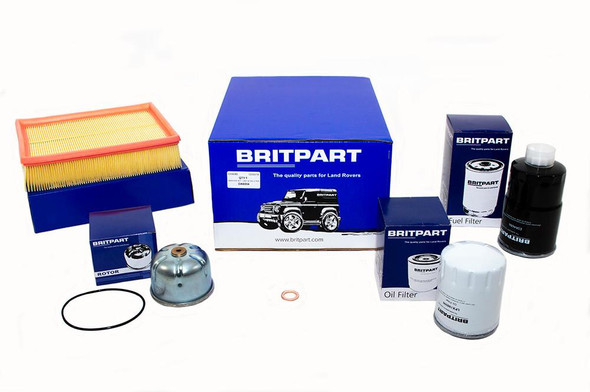 Britpart Engine Service Filter Kit for Discovery 2 Td5, image showing assorted engine filters including air, oil, and fuel filters with packaging and box.