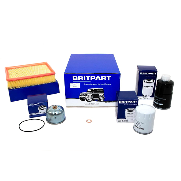Britpart Engine Service Filter Kit for Discovery 2 Td5, image showing assorted engine filters including air, oil, and fuel filters with packaging and box.