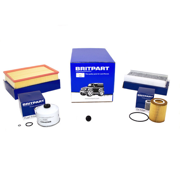 Britpart Engine Service Filter Kit for Range Rover Sport L320 3.0 V6 Diesel 2009-2012, image showing various engine filters and parts in packaging
