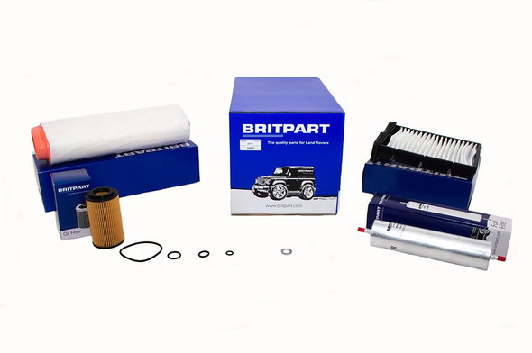 Britpart Service Kit for Freelander 1 with 2.0 Td4 Engine, car maintenance parts including oil filter, air filter, oil filters, and rubber O-rings arranged on a white background.