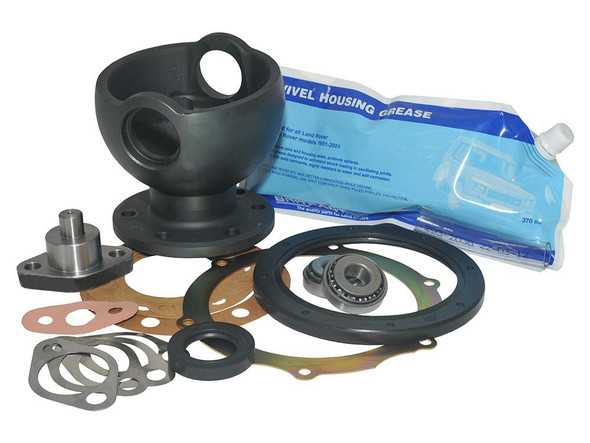Britpart Swivel Housing Full Repair Kit - DA3178 for Defender, a comprehensive automotive repair kit with gaskets, seals, bearing, and a swivel housing grease tube for Land Rover Defender vehicle maintenance.