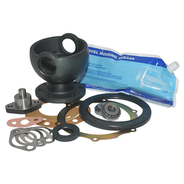 Britpart Swivel Housing Full Repair Kit - DA3178 for Defender, a comprehensive automotive repair kit with gaskets, seals, bearing, and a swivel housing grease tube for Land Rover Defender vehicle maintenance.
