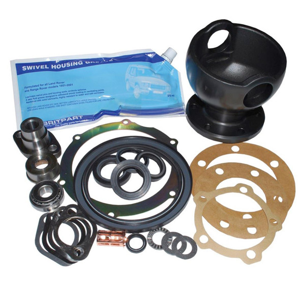 Britpart Swivel Housing Repair Kit With ABS for Discovery 1, automotive repair parts including gaskets, seals, bearings, and a black swivel housing component on a white background