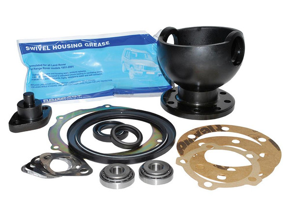 Britpart Swivel Housing Overhaul Kit - DA3165 for Discovery 1, overview of repair kit components including seals, bearings, gaskets, and housing