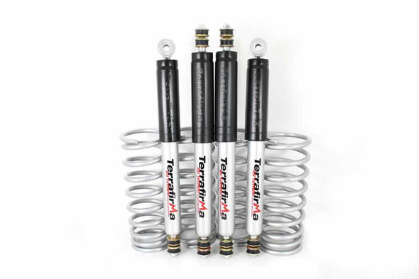 Terrafirma All-Terrain Heavy Load Suspension Lift Kit for Defender 90 & Discovery 1, image of four coilover shocks with coil springs.