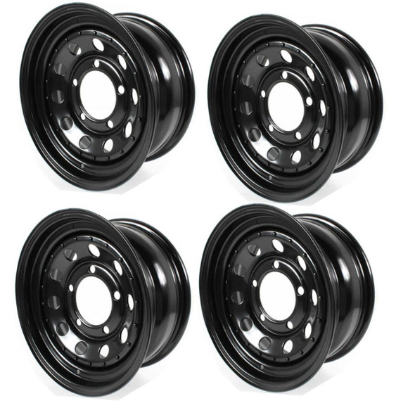 Terrafirma Modular Steel Wheel Black 16"x7" Set Of Four for Defender, set of four black steel wheels with circular holes for Defender vehicle.
