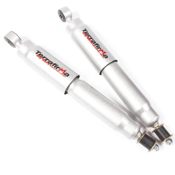 Terrafirma Defender Shock Absorber Set Rear, Big Bore Expedition Shock Absorbers with silver finish for off-road vehicles.