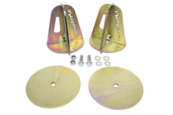 Terrafirma Defender 110/130 Rear Spring Dislocation Cone, vehicle suspension repair part with metal cones, bolts, nuts, and washers for off-road vehicle suspension upgrade.