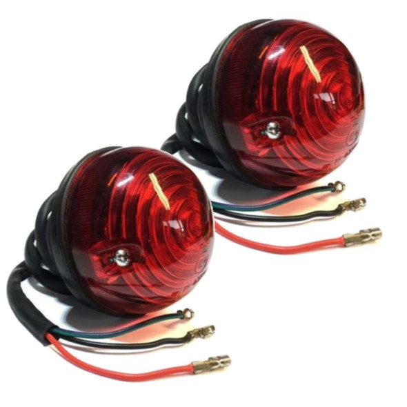 Britpart Rear Brake & Side/Tail Light X2 Up To 1995 for Defender, dual red oval tail lights with wiring harness for vehicle rear safety lighting.