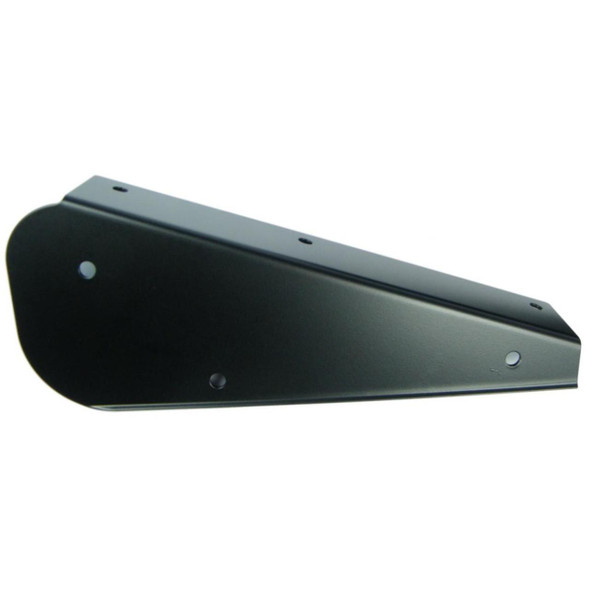 Product: Direct Replacement Rear Left Mud Flap Bracket for Defender 90 (1986-2016), image description of a black metal mud flap bracket designed for the vehicle's rear left side.