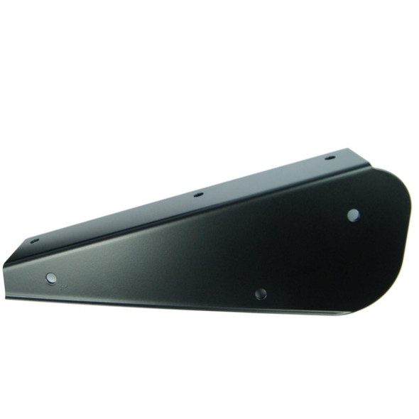 Product: Direct Replacement Rear Right Mud Flap Bracket for Defender 90, image description of the black metal bracket with mounting holes.