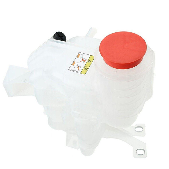 Product: Direct Replacement Radiator Expansion Tank With Sensor for Discovery 3 & 4 TDV6, image of a white plastic radiator expansion tank with a red cap and sensor.