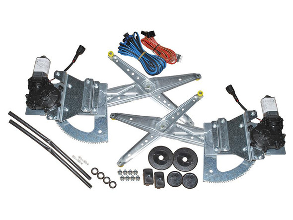 Britpart Electric Front Window Kit for Defender, automotive window motor assembly with wiring harness, gears, and mounting hardware for vehicle window operation.