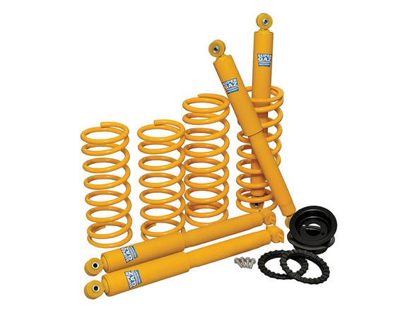 Britpart Coil Spring Suspension Lift Kit 2" Heavy Duty Britpart Super Gaz for Discovery 2, image showing yellow coil springs and shock absorbers with mounting hardware.