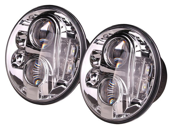 Britpart Lynx Eye LED Headlamp Pair Right Hand Drive 7" Round DOT & E-Marked - DA6282, for Defender, featuring a sleek round design with multiple LED lights and a reflective chrome finish.