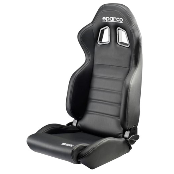 Sparco R100 Seat Black Leatherette for Defender, a sporty black racing seat with leatherette material, ergonomic design, and racing-specific features for vehicle interior enhancement.