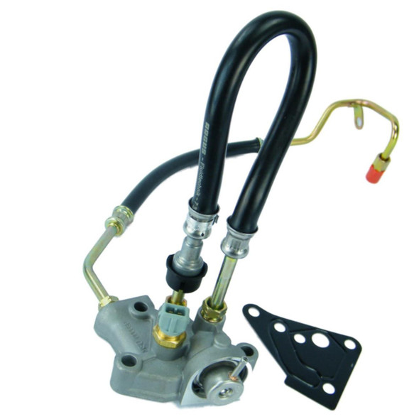 OEM Parts Fuel Pressure Regulator for Defender and Discovery 2 Td5 15P Engines, automotive fuel pressure regulator with black hoses and metal fittings.