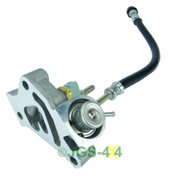 Product OEM Parts Fuel Pressure Regulator 1 Pipe FPR OEM for Defender Td5, car part with metal body and attached black hose.