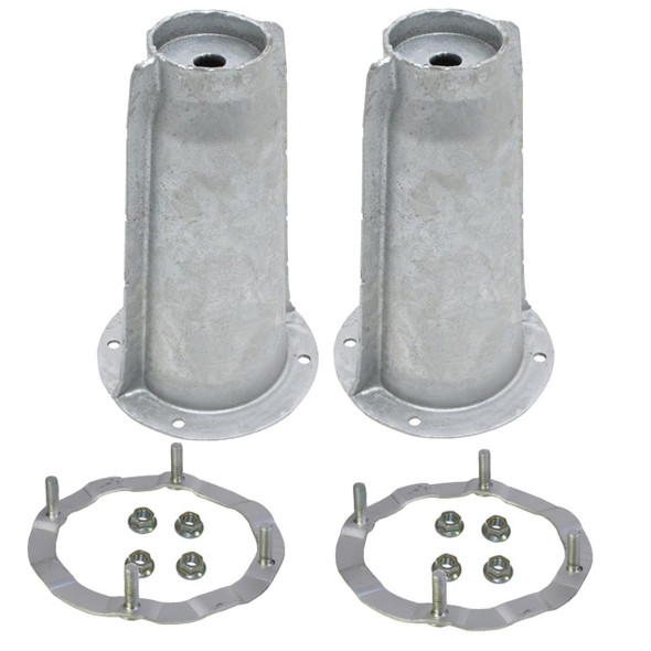 Britpart Galvanised Front Shock Absorber Turrets & Securing Rings for Discovery 1, galvanized shock absorber turret mounts with securing rings and bolts for vehicle suspension repair.