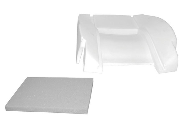 Britpart Front Seat Back Foam Cushion Outer for Defender, image of a white foam cushion and outer seat back structure for vehicle repair or replacement.