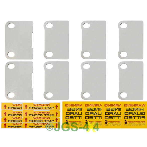 Britpart Defender 110 130 Door Hinge Security Guard 4 Door Set, set of metallic security guard plates and warning stickers for vehicle door hinges.