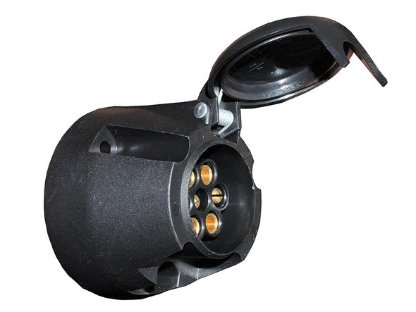 Direct Replacement Defender 12N 7-Pin Trailer Lighting Electrics Socket, open black electrical trailer connector with 7 gold-colored contact pins and protective cover. Direct Replacement Defender 12N 7-Pin Trailer Lighting Electrics Socket, open black electrical trailer connector with 7 gold-colored contact pins and protective cover.