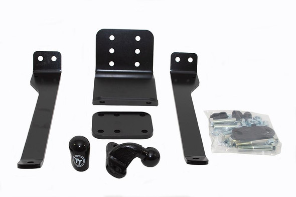 Direct Replacement Discovery 2 Multi Height Tow Bar Bracket, black metal towing accessory components including brackets, a tow ball, mounting hardware and bolts on a white background. Direct Replacement Discovery 2 Multi Height Tow Bar Bracket, black metal towing accessory components including brackets, a tow ball, mounting hardware and bolts on a white background.