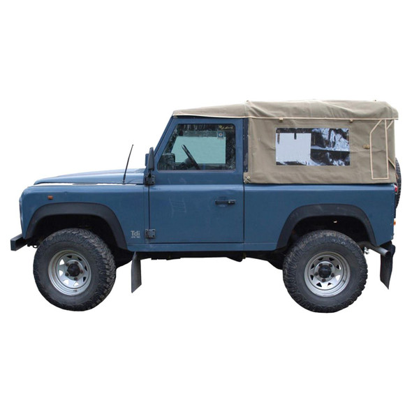 Direct Replacement Defender 90 Canvas Full Hood Sand, off-road vehicle with tan canvas hood and windows, blue body, rugged tires, and off-road features.