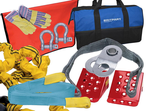 Britpart 4x4 Advanced Winch Recovery Accessory Winching Kit, showcasing winching straps, shackles, gloves, carrying bag, and mounting hardware for off-road rescue and recovery. Britpart 4x4 Advanced Winch Recovery Accessory Winching Kit, showcasing winching straps, shackles, gloves, carrying bag, and mounting hardware for off-road rescue and recovery.