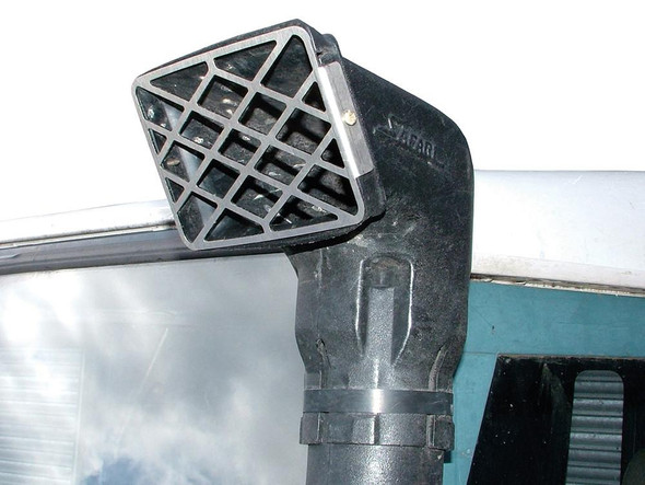 Safari Stainless Steel Snorkel Grille for Defender, 1984-1998, 200Tdi, 300Tdi, V8, close-up view of snokel grille mounted on vehicle