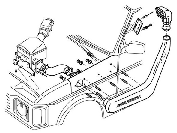 Safari Raised Air Intake Snorkel Kit for Discovery 1 300Tdi and V8 with ABS, Left Hand Side Fitment, detailed diagram of vehicle's engine and snorkel installation.