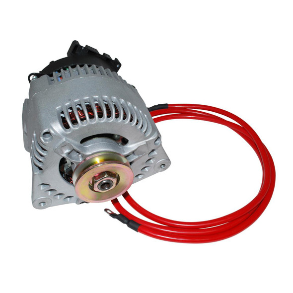 Britpart Alternator Upgrade Kit 100Amp for Discovery 200TDi, image of a silver metallic alternator with red electrical wires attached.