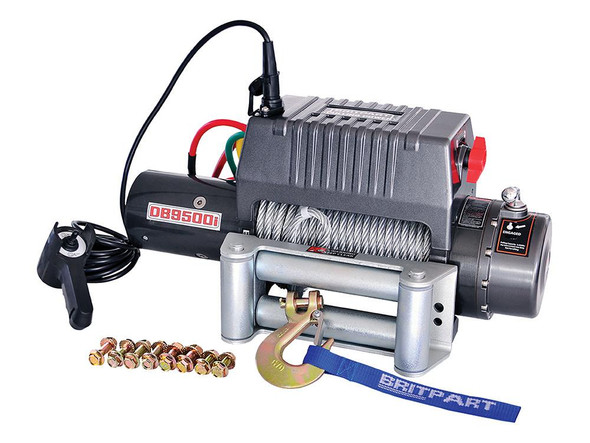 Britpart Pulling Power Recovery Winch 9,500lb 12v Wire Rope, heavy-duty electric winch with metal wire rope, remote control, and mounting accessories.