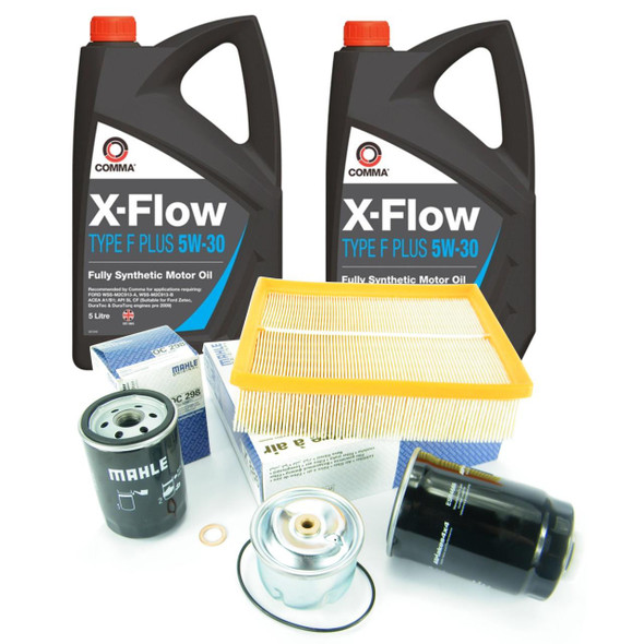 Product Direct Replacement Engine Service Filter Kit for Defender Td5, includes MAHLE OEM filters and 5W30 synthetic motor oil, with various filters and an oil filter wrench shown.