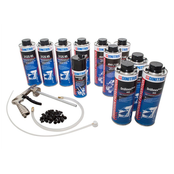 Dinitrol Rustproofing & Stone Chip Aerosol Kit Dinitrol, a detailed view of the aerosol cans, spray gun, tube, and accessories for vehicle rust protection and stone chip prevention. Dinitrol Rustproofing & Stone Chip Aerosol Kit Dinitrol, a detailed view of the aerosol cans, spray gun, tube, and accessories for vehicle rust protection and stone chip prevention.