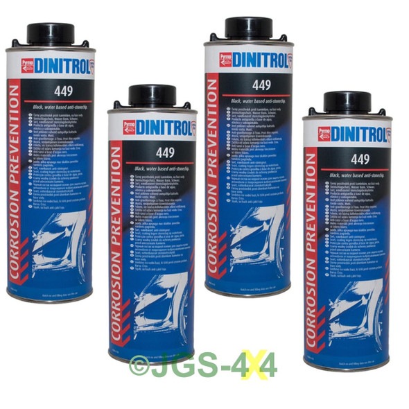 Dinitrol 449 Anti Stone Chip Rustproof Underseal 1 Litre Schutz Cans, four cans of black, water-based anti-stone chip underseal for vehicle rust protection.