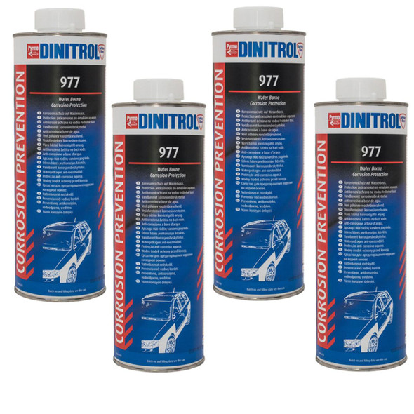 Dinitrol  977 Rust Proofing Cavity Seal Underseal 1 Litre Shutz Cans x 4, image showing four cans of rustproofing cavity seal with blue and black labels and white caps. Dinitrol  977 Rust Proofing Cavity Seal Underseal 1 Litre Shutz Cans x 4, image showing four cans of rustproofing cavity seal with blue and black labels and white caps.