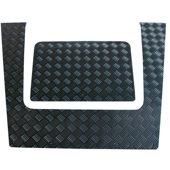 DDS Metal Services Chequer Plate Bonnet Protector Black for Defender Puma, black chequered metal bonnet protector for off-road vehicle protection.