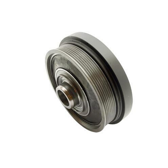 Direct Replacement Crankshaft Pulley And Damper for Defender/Discovery 2 Td5, image showing a metallic crankshaft pulley with grooves and central mounting hole.