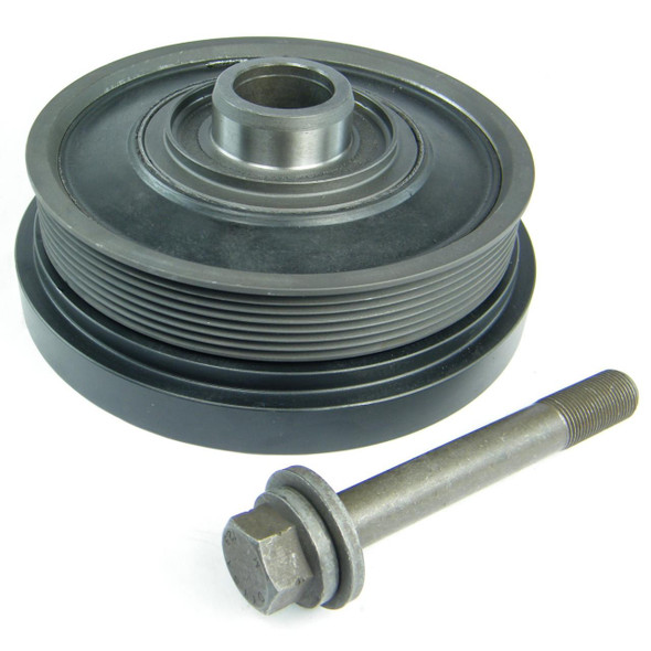 Direct Replacement Crankshaft Pulley Damper & Bolt Kit for Defender Td5, automotive engine timing component with pulley, bolt, and damper for engine stability.