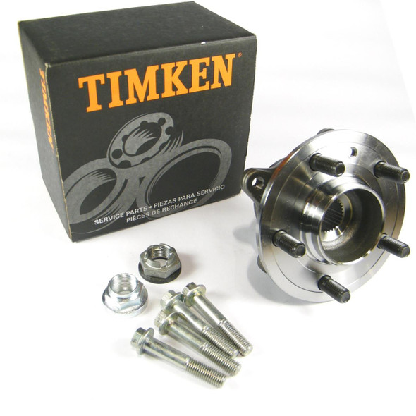 Timken Front Wheel Bearing Hub Kit TIMKEN OEM for Range Rover Sport L320, image shows a high-quality metallic wheel bearing hub with mounting bolts and nuts, packaged with a black box featuring the Timken logo and product details.