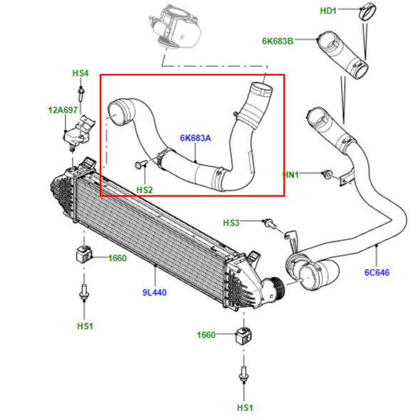 Direct Replacement Intercooler to Manifold Turbo Hose for Freelander 2.2TD TD4, detailed diagram of engine parts showing the intercooler and turbo hose assembly.