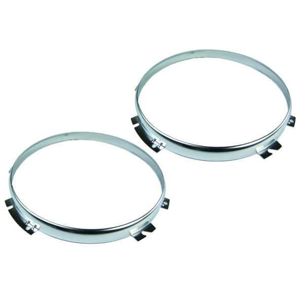 Direct Replacement Defender Headlamp Headlight Bezel Stainless Steel x 2, two chrome headlamp bezel rings for vehicle headlights.