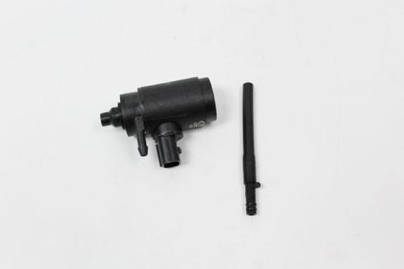 Direct Replacement Rear Window Washer Pump for Defender and Range Rover Classic, compact black automotive part with attached hose