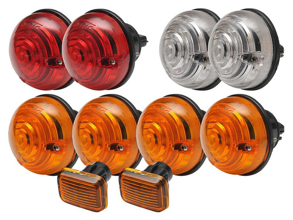WIPAC / BRITPART Indicator Light & Lamp Kit OEM WIPAC for Defender, featuring red, clear, and amber signal lights along with side marker lamps.