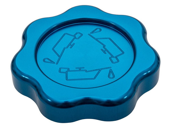 Britpart Blue Aluminium Engine Oil Filler Cap for Defender Td5, blue aluminum engine oil filler cap with embossed oil change icon for Land Rover Defender Td5.